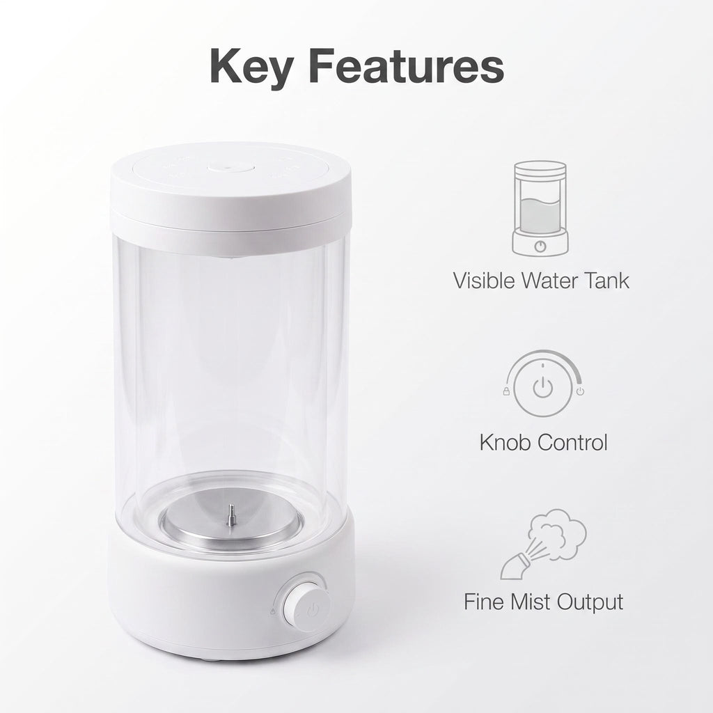 Large Capacity Transparent Cylinder Humidifier, Visible Water Tank Knob Control Cool Mist Humidifier, Adjustable Mist Output for Bedroom Office Living Room, Matte Light Grayish White