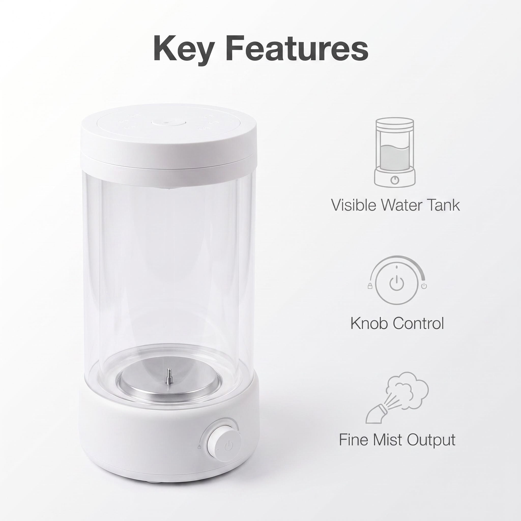 Large Capacity Transparent Cylinder Humidifier, Visible Water Tank Knob Control Cool Mist Humidifier, Adjustable Mist Output for Bedroom Office Living Room, Matte Light Grayish White