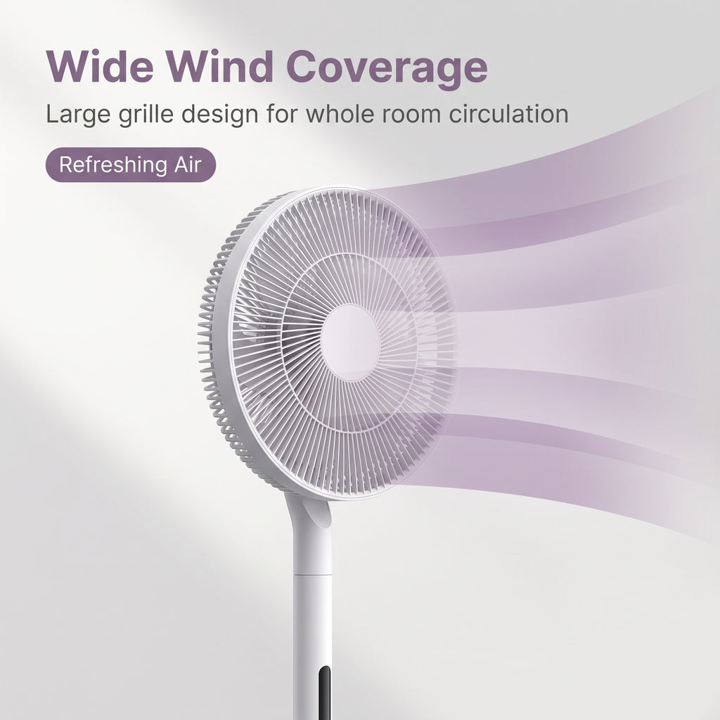 White Ultra Quiet Standing Circulation Fan, Wide Coverage Large Mesh Pedestal Fan with Hidden Control, Space-Saving Extended Upright Floor Fan for Home Office Bedroom