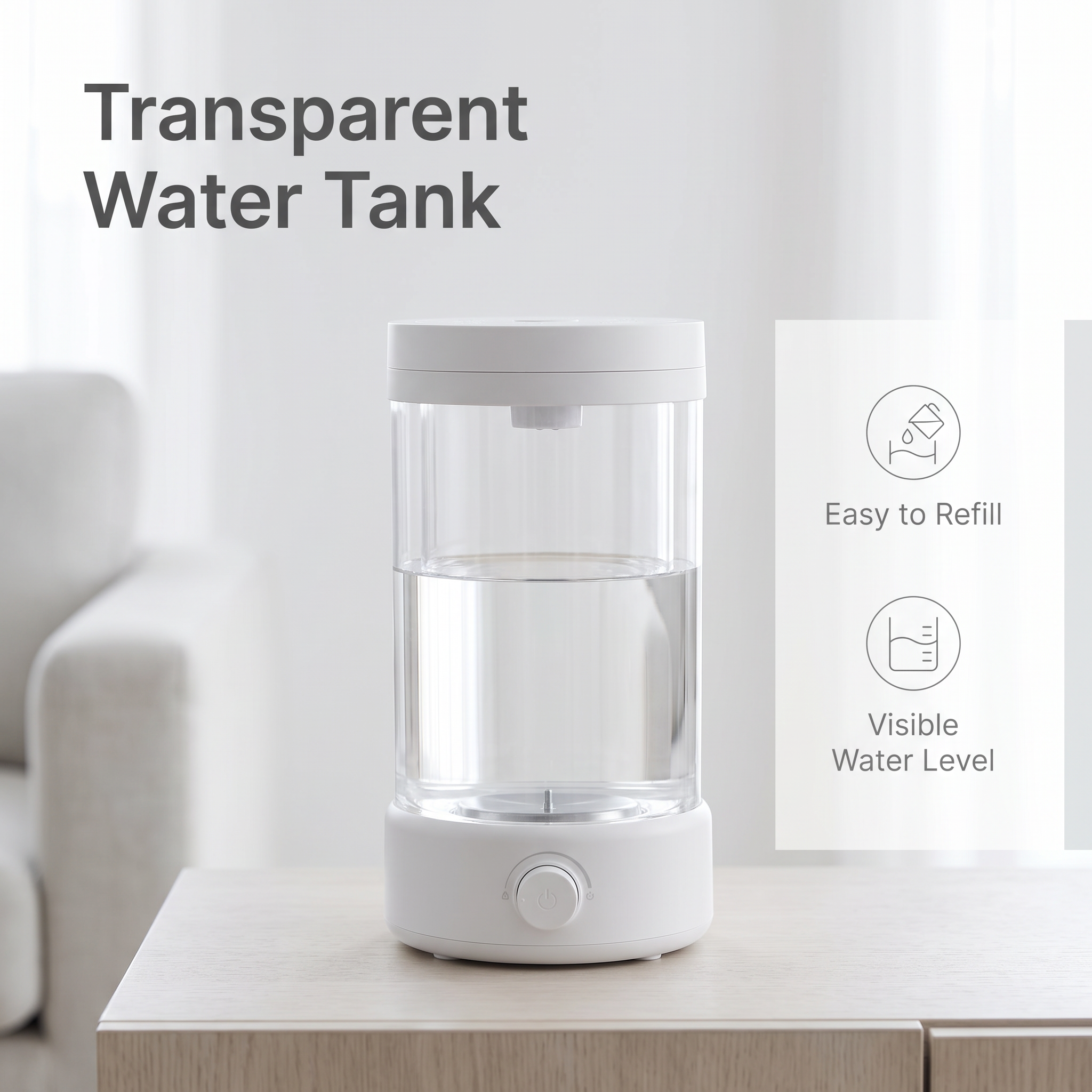 Large Capacity Transparent Cylinder Humidifier, Visible Water Tank Knob Control Cool Mist Humidifier, Adjustable Mist Output for Bedroom Office Living Room, Matte Light Grayish White